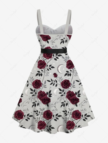 Gothic Plus Size Rose Flower Leaves Branch Print Button A Line Tank Dress with Removable Belt