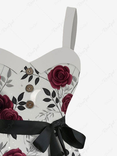 Gothic Plus Size Rose Flower Leaves Branch Print Button A Line Tank Dress with Removable Belt
