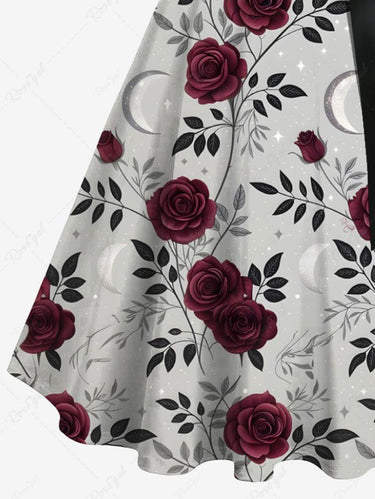 Gothic Plus Size Rose Flower Leaves Branch Print Button A Line Tank Dress with Removable Belt