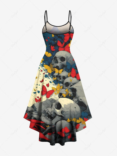 Gothic Plus Size Painting Splatter Skull Butterfly Print High Low Asymmetric Cami Dress