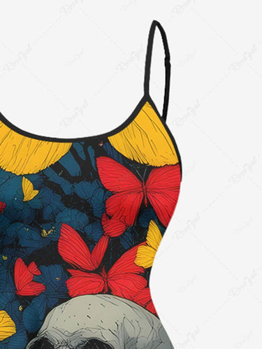 Gothic Plus Size Painting Splatter Skull Butterfly Print High Low Asymmetric Cami Dress