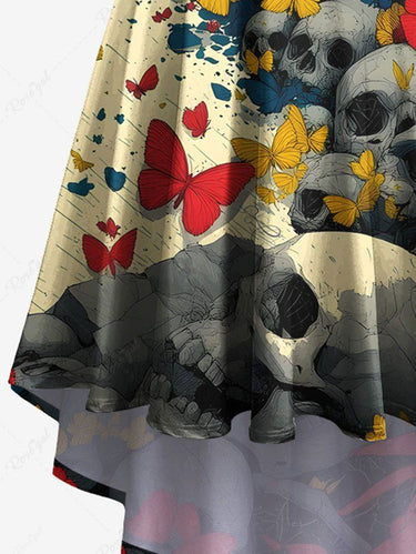 Gothic Plus Size Painting Splatter Skull Butterfly Print High Low Asymmetric Cami Dress