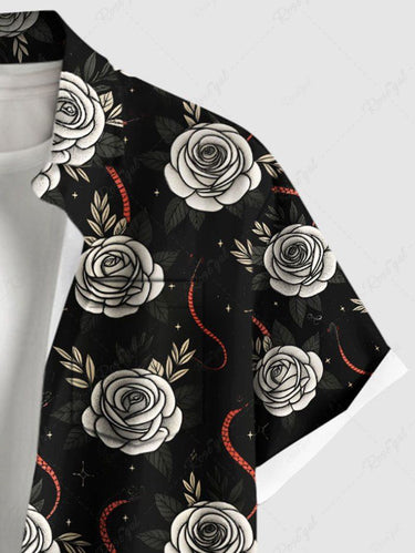 Gothic Plus Size Rose Flower Snake Print Button Pocket Shirt For Men