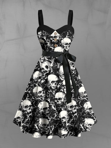 Gothic Plus Size Skull Branch Print Button A Line Tank Dress with Removable Belt
