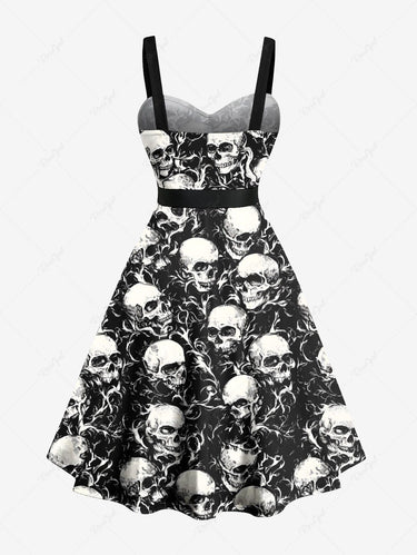 Gothic Plus Size Skull Branch Print Button A Line Tank Dress with Removable Belt