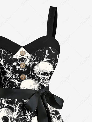 Gothic Plus Size Skull Branch Print Button A Line Tank Dress with Removable Belt