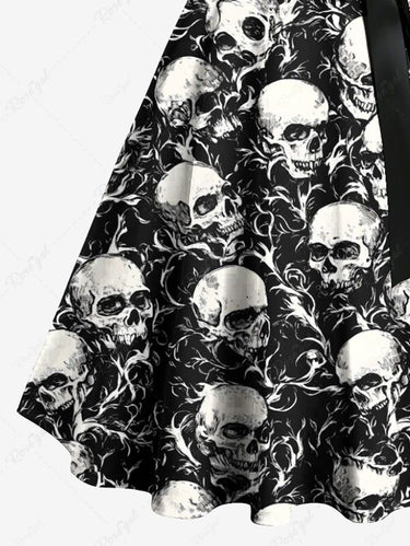 Gothic Plus Size Skull Branch Print Button A Line Tank Dress with Removable Belt