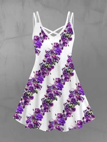 Gothic Plus Size Skull Floral Striped Print Crisscross A Line Cami Dress