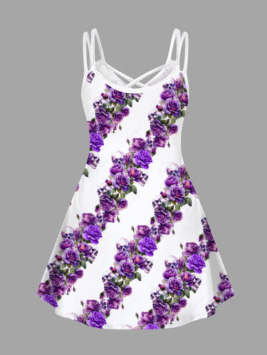 Gothic Plus Size Skull Floral Striped Print Crisscross A Line Cami Dress