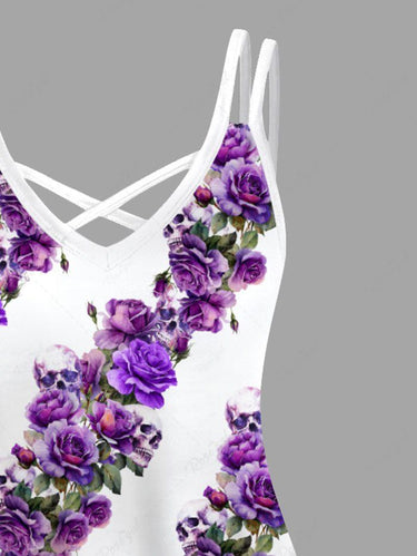 Gothic Plus Size Skull Floral Striped Print Crisscross A Line Cami Dress