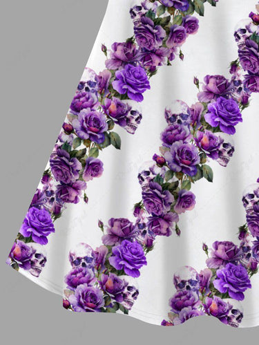 Gothic Plus Size Skull Floral Striped Print Crisscross A Line Cami Dress