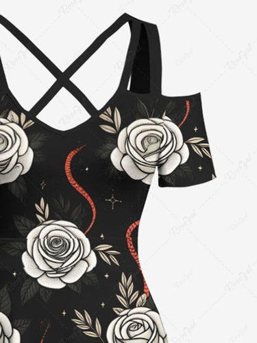 Gothic Plus Size Rose Flower Snake Printed Cold Shoulder Crisscross A Line Maxi Dress