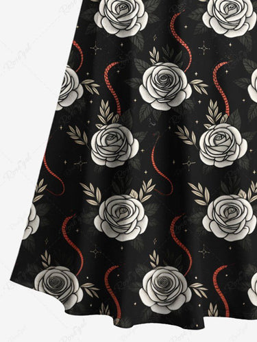 Gothic Plus Size Rose Flower Snake Printed Cold Shoulder Crisscross A Line Maxi Dress