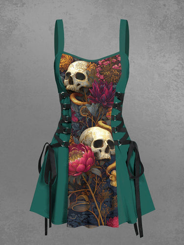 Gothic Skull Floral Snake Print Lace Up A Line Tank Dress