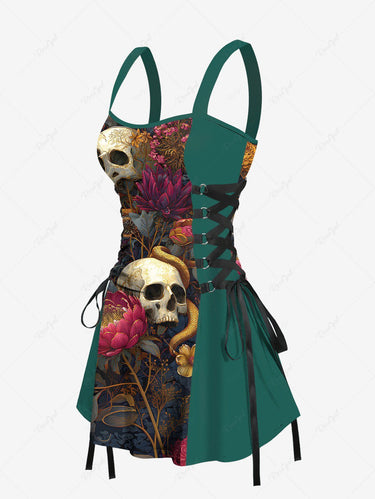 Gothic Skull Floral Snake Print Lace Up A Line Tank Dress