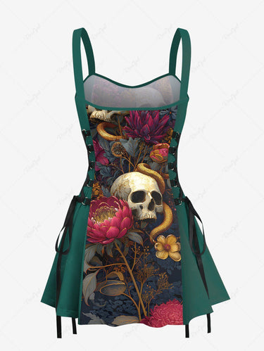 Gothic Skull Floral Snake Print Lace Up A Line Tank Dress