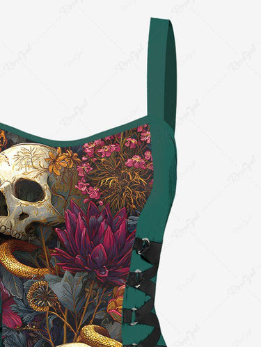 Gothic Skull Floral Snake Print Lace Up A Line Tank Dress
