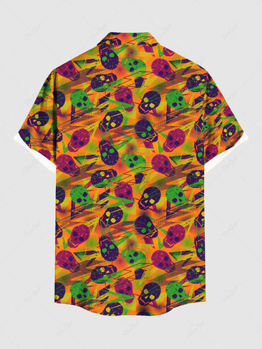 Gothic Plus Size Colorful Skull Lightning Print Button Pocket Shirt For Men
