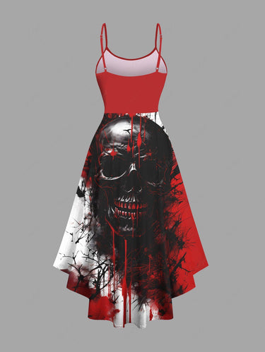 Gothic Plus Size Ink Painting Skull Bloody Print High Low Asymmetric Cami Dress