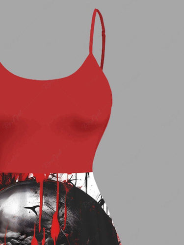 Gothic Plus Size Ink Painting Skull Bloody Print High Low Asymmetric Cami Dress