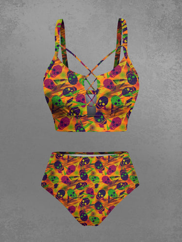 Gothic Colorful Skull Lightning Print Lace Up Tankini Swimsuit (Adjustable Shoulder Strap)