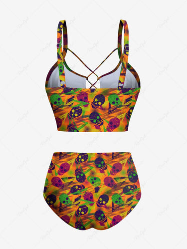 Gothic Colorful Skull Lightning Print Lace Up Tankini Swimsuit (Adjustable Shoulder Strap)