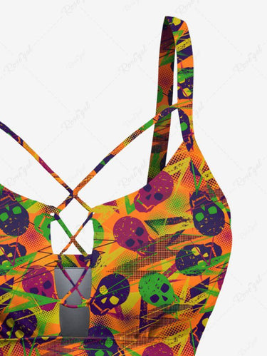 Gothic Colorful Skull Lightning Print Lace Up Tankini Swimsuit (Adjustable Shoulder Strap)
