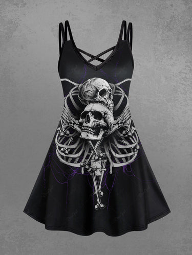 Gothic Plus Size Skeleton Print Crisscross Strappy A Line Cami Dress