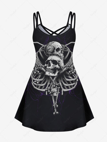 Gothic Plus Size Skeleton Print Crisscross Strappy A Line Cami Dress