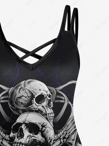 Gothic Plus Size Skeleton Print Crisscross Strappy A Line Cami Dress