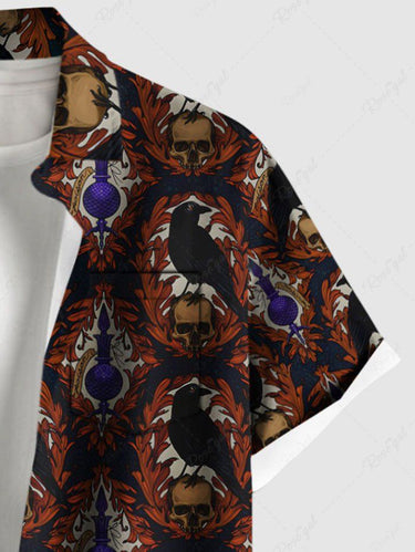 Gothic Plus Size Skull Crow Print Button Pocket Shirt For Men