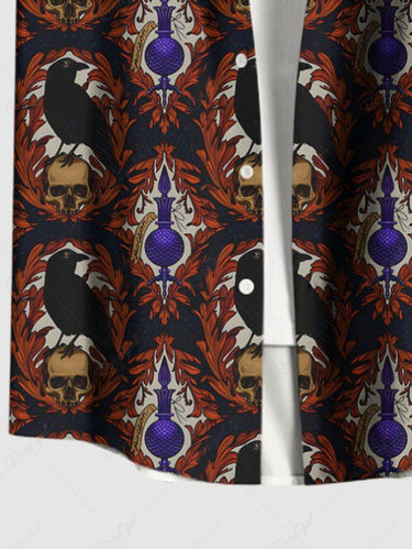 Gothic Plus Size Skull Crow Print Button Pocket Shirt For Men