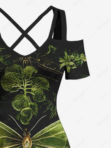 Gothic Plus Size Ombre Butterfly Print Cold Shoulder Crisscross A Line Maxi Dress