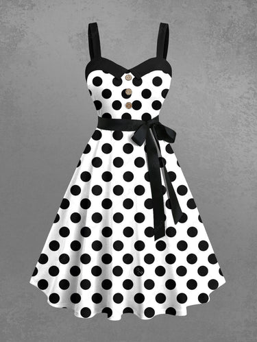 Gothic Plus Size Polka Dot Two Tone Print Button A Line Dress with Removable Belt