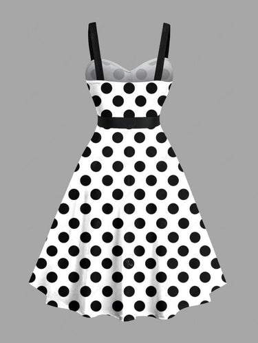 Gothic Plus Size Polka Dot Two Tone Print Button A Line Dress with Removable Belt
