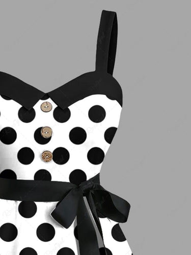 Gothic Plus Size Polka Dot Two Tone Print Button A Line Dress with Removable Belt