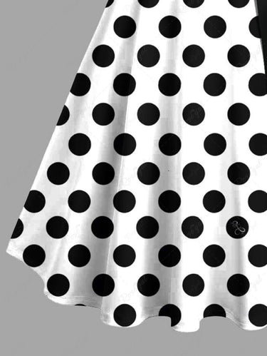 Gothic Plus Size Polka Dot Two Tone Print Button A Line Dress with Removable Belt