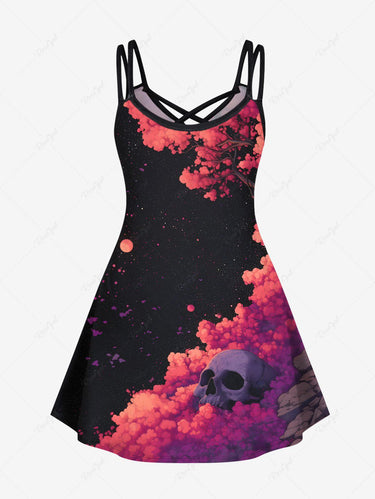 Gothic Plus Size Skull Tree Galaxy Print Crisscross Strappy A Line Cami Dress