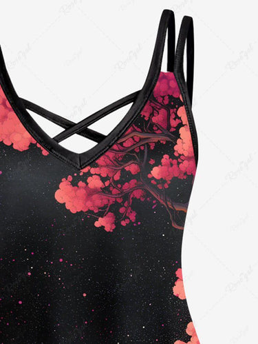 Gothic Plus Size Skull Tree Galaxy Print Crisscross Strappy A Line Cami Dress