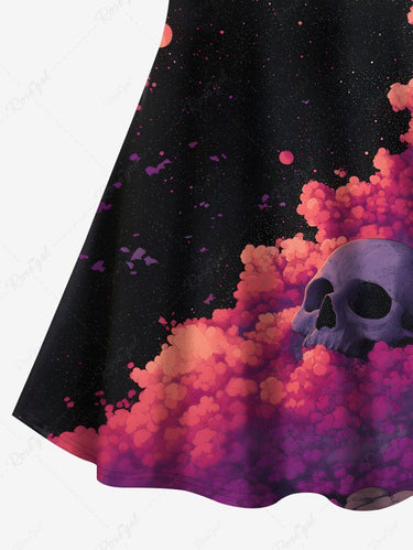 Gothic Plus Size Skull Tree Galaxy Print Crisscross Strappy A Line Cami Dress