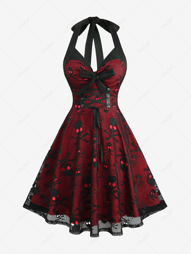 Gothic Grommet Lace-up Bowknot Panel Skulls Lace Halter Dress