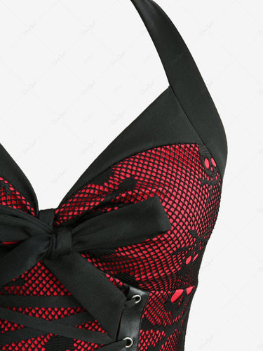 Gothic Grommet Lace-up Bowknot Panel Skulls Lace Halter Dress