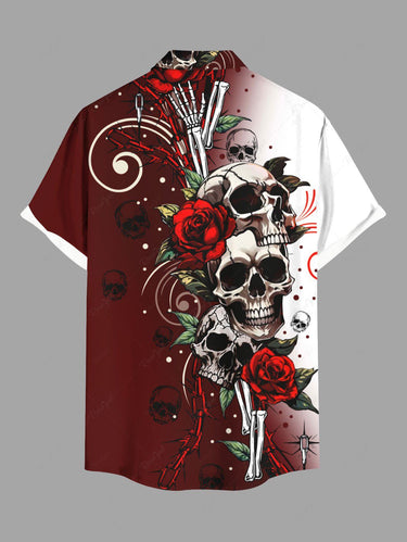 Gothic Plus Size Skull Rose Flower Curve Ombre Print Button Pocket Shirt For Men
