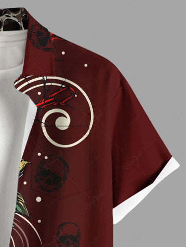 Gothic Plus Size Skull Rose Flower Curve Ombre Print Button Pocket Shirt For Men