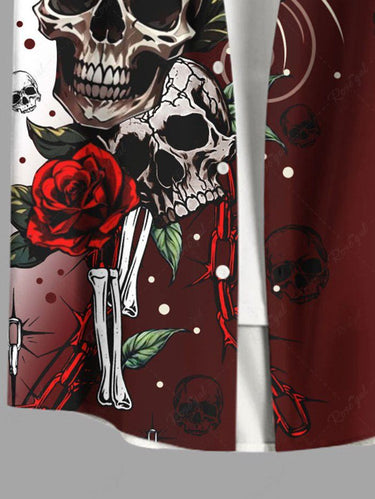 Gothic Plus Size Skull Rose Flower Curve Ombre Print Button Pocket Shirt For Men