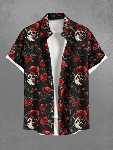 Gothic Plus Size Moon Floral Leaves Print Button Pocket Shirt For Men