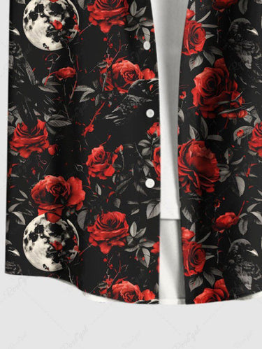 Gothic Plus Size Moon Floral Leaves Print Button Pocket Shirt For Men