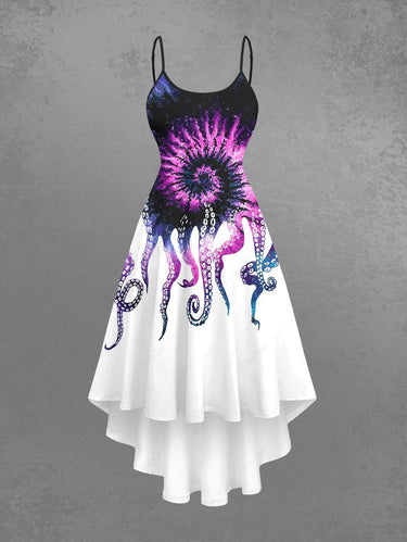 Gothic Plus Size Colorful Ombre Spiral Octopus Print Hawaii High Low Asymmetric Cami Dress