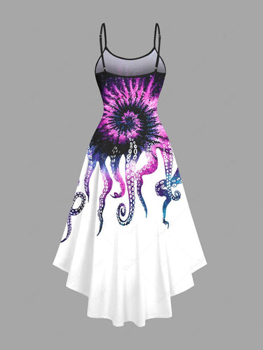 Gothic Plus Size Colorful Ombre Spiral Octopus Print Hawaii High Low Asymmetric Cami Dress