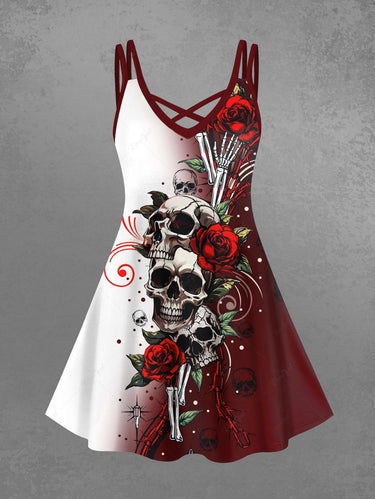 Gothic Plus Size Skull Rose Flower Curve Ombre Print Crisscross Strappy A Line Cami Dress